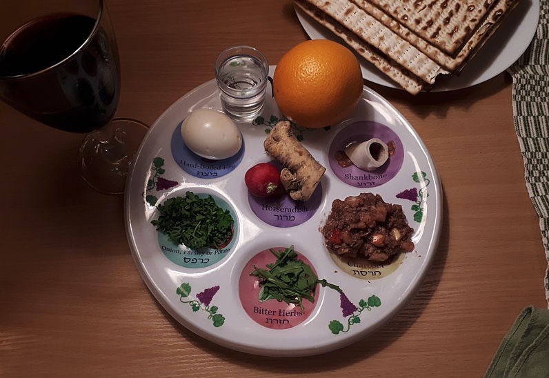 A Seder Plate, with Matzo in the upper right