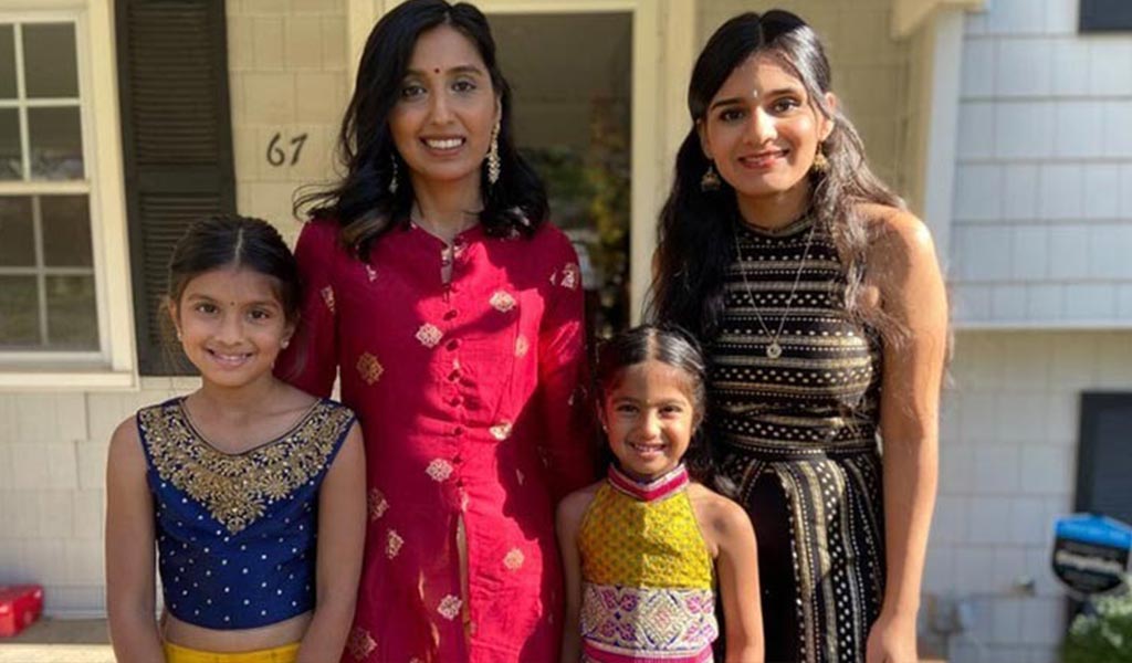 A catholic au pair with her Hindu host family, dressed for Diwali..